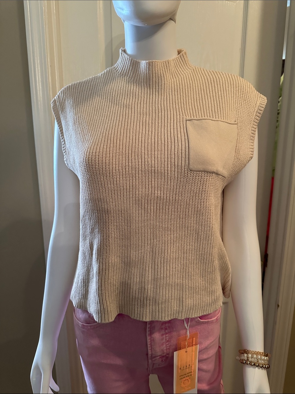 Neutral Cream Knit Sleeveless Tank with Chest Pocket